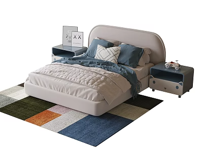 Colorful Kids Bed With Upholstered Headboard Blue Gray Bedding Dark Nightstands And Multicolored Patchwork Rug 3d model