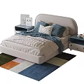 Colorful Kids Bed With Upholstered Headboard Blue Gray Bedding Dark Nightstands And Multicolored Patchwork Rug