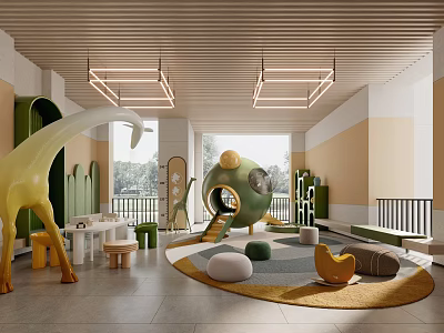 Modern Indoor Playground With Dinosaur Sculpture And Circular Slide 3d model