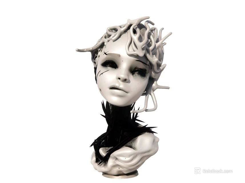 Artistic Female Head Sculpture With White Tangled Hair And Black Feather Decoration 3d model 