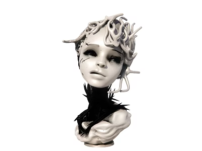 Artistic Female Head Sculpture With White Tangled Hair And Black Feather Decoration 3d model