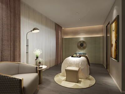 Luxurious SPA Sauna Interior With Treatment Bed Sofa Floor Lamp Decorative Mirror And Soft Rug 3d model