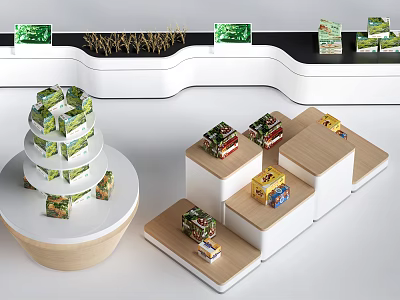Wooden And White Display Shelves With Circular Square Multi Tiered Racks For Products 3d model