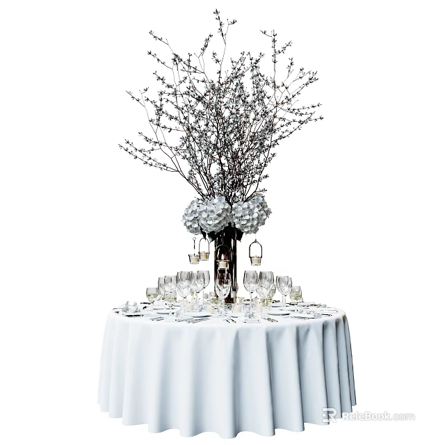 Elegant Round Dining Table With White Tablecloth Floral Arrangement Branches Flower Balls Wine Glasses Tableware 3d model 