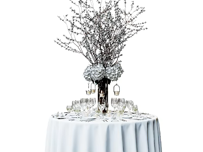 Elegant Round Dining Table With White Tablecloth Floral Arrangement Branches Flower Balls Wine Glasses Tableware 3d model