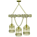 Birdcage Shaped Chandelier With Three Hanging Decorative Shades And Chain Rod Design