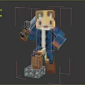 Pixelated Bear Character In Blue Coat Holding Tool Standing On Stone Base 3d model