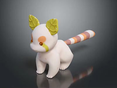Cute White Animal Doll With Yellow Leaf Ears Orange Eyes And Striped Tail 3d model