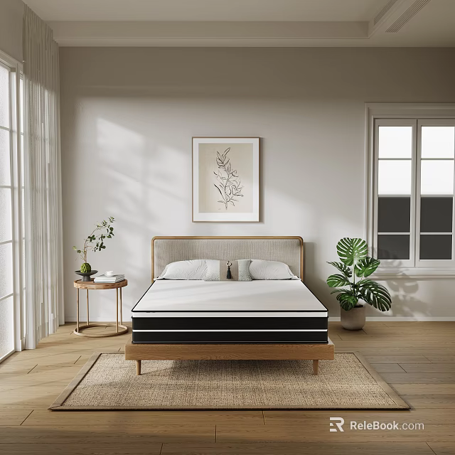 Double Bed with Wooden Headboard in Bright Room Natural Light Potted Plant and Wall Art 3d model 