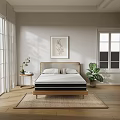 Double Bed with Wooden Headboard in Bright Room Natural Light Potted Plant and Wall Art