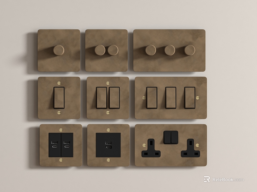 Modern Brown Switch Panels With Single Double Triple Switches And Power Sockets On Beige Wall 3d model 
