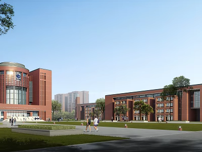 Red Brick School Campus Buildings With Open Lawn Trees And People Walking 3d model