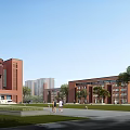 Red Brick School Campus Buildings With Open Lawn Trees And People Walking
