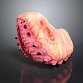Unique Pink Animal with Textured Skin Multiple Eyes and Black Spikes on Dark Reflective Surface