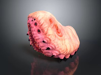 Unique Pink Animal with Textured Skin Multiple Eyes and Black Spikes on Dark Reflective Surface 3d model