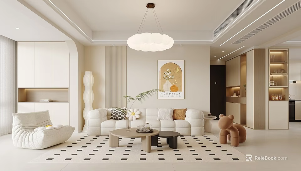 Modern Living and Dining Room With Cloud Pendant Light White Sofa Rug And Decorative Painting 3d model 