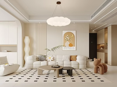 Modern Living and Dining Room With Cloud Pendant Light White Sofa Rug And Decorative Painting 3d model