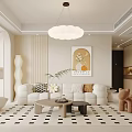 Modern Living and Dining Room With Cloud Pendant Light White Sofa Rug And Decorative Painting