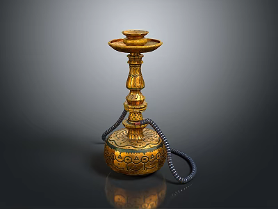 Golden Decorative Hookah with Intricate Carvings Ornate Base and Black Hose 3d model