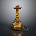 Golden Decorative Hookah with Intricate Carvings Ornate Base and Black Hose
