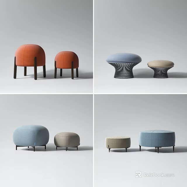 Modern Stylish Ottoman Collection With Various Colors Round Shape And Wooden Legs 3d model 