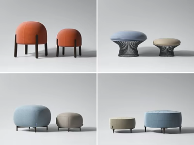 Modern Stylish Ottoman Collection With Various Colors Round Shape And Wooden Legs 3d model