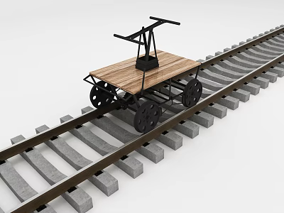 Railway Track Road Facility With Wooden Handcart And Metal Wheels On Concrete Sleepers 3d model