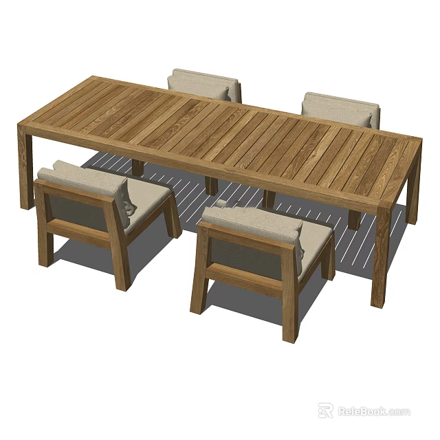Stylish Wooden Dining Table Set With Long Table And Four Cushioned Chairs 3d model 