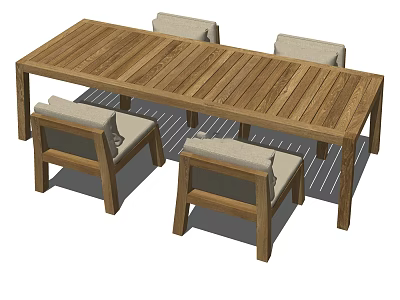 Stylish Wooden Dining Table Set With Long Table And Four Cushioned Chairs 3d model
