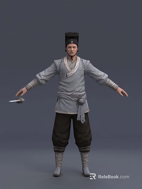 Ancient Costume Male Character 3D Model Holding Short Knife With Outstretched Arms 3d model