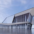 Modern Sales Office Building With Glass Facade And Unique Architectural Design By Water