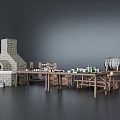 Rustic Brick Fireplace With Long Wooden Table And Clay Jars Setup 3d model