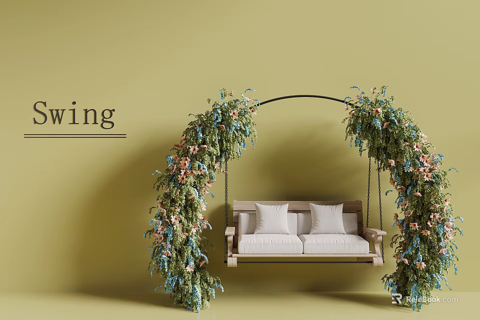Floral Garland Decorated Swing Chair With Double Seat White Cushions And Beige Wall 3d model 