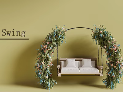 Floral Garland Decorated Swing Chair With Double Seat White Cushions And Beige Wall 3d model