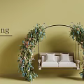 Floral Garland Decorated Swing Chair With Double Seat White Cushions And Beige Wall
