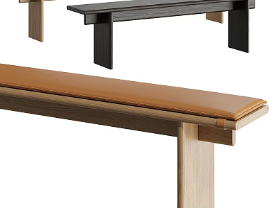 Modern Stylish Bench With Wooden Frame Leather Cushion Black Natural Design 3d model