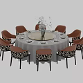 Elegant Round Dining Table Set with Brown Patterned Chairs and Decorative Vase 3d model