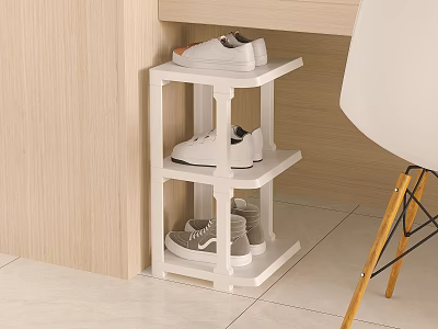 White Three Tiered Corner Shoe Rack With Shoes Near Wooden Wall 3d model