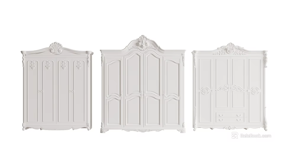 White European Style Wardrobes With Ornate Carvings And Three Different Designs 3d model 