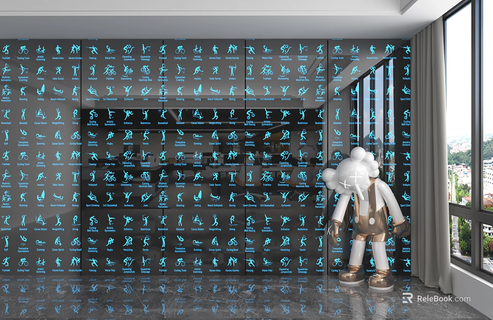 Blue Patterned Wall Paneling With Abstract Figures And White Sculpture In Modern Interior 3d model 
