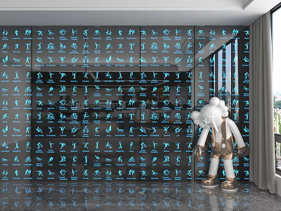 Blue Patterned Wall Paneling With Abstract Figures And White Sculpture In Modern Interior 3d model