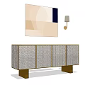 Elegant Entryway Console Cabinet With Lattice Doors Wooden Legs And Abstract Painting Wall Lamp