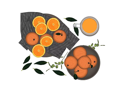 Fresh Oranges Featuring Sliced and Whole Fruits Orange Juice Green Leaves and Olive Branches 3d model