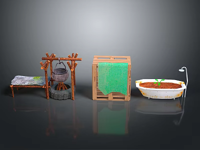 Miniature Scene Components With Wooden Frame Hanging Pot Green Cloth Box Seedling Pot And Sprinkler 3d model