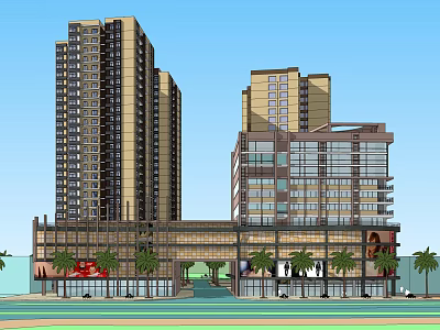 Modern Commercial Street With High Rise Buildings Shops And Palm Trees 3d model