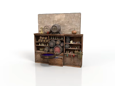 Vintage Wooden Wine Cabinet Against Stone Wall With Barrels Bottles And Shelves 3d model