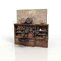 Vintage Wooden Wine Cabinet Against Stone Wall With Barrels Bottles And Shelves