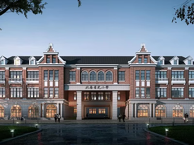 Red Brick University Building With Arched Windows Symmetrical Design Campus Square And Street Lamps 3d model