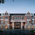 Red Brick University Building With Arched Windows Symmetrical Design Campus Square And Street Lamps
