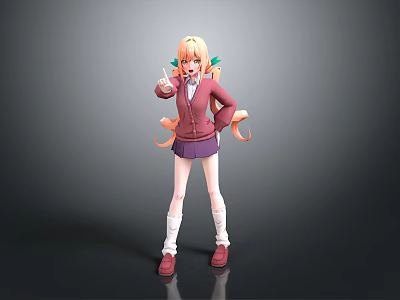 Anime Female Character With Twin Tails Red Coat Purple Skirt White Stockings And Red Shoes 3d model